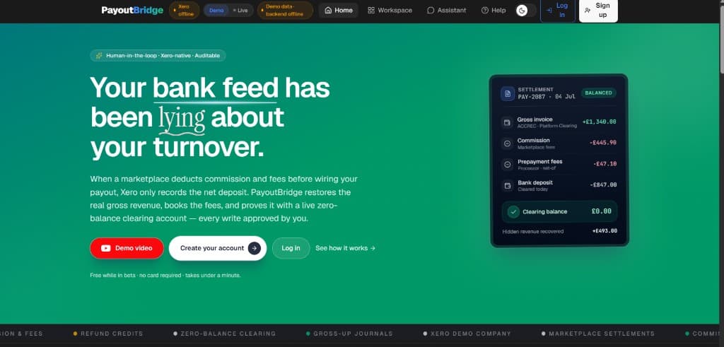 PayoutBridge landing page, marketplace settlement gross-up accounting for Xero